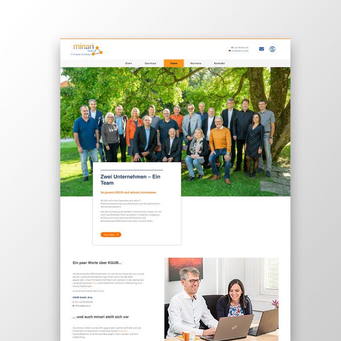 KGUB minari Webdesign Teamseite Teamfoto und Menschen beim Arbeiten am Laptop Screenshot