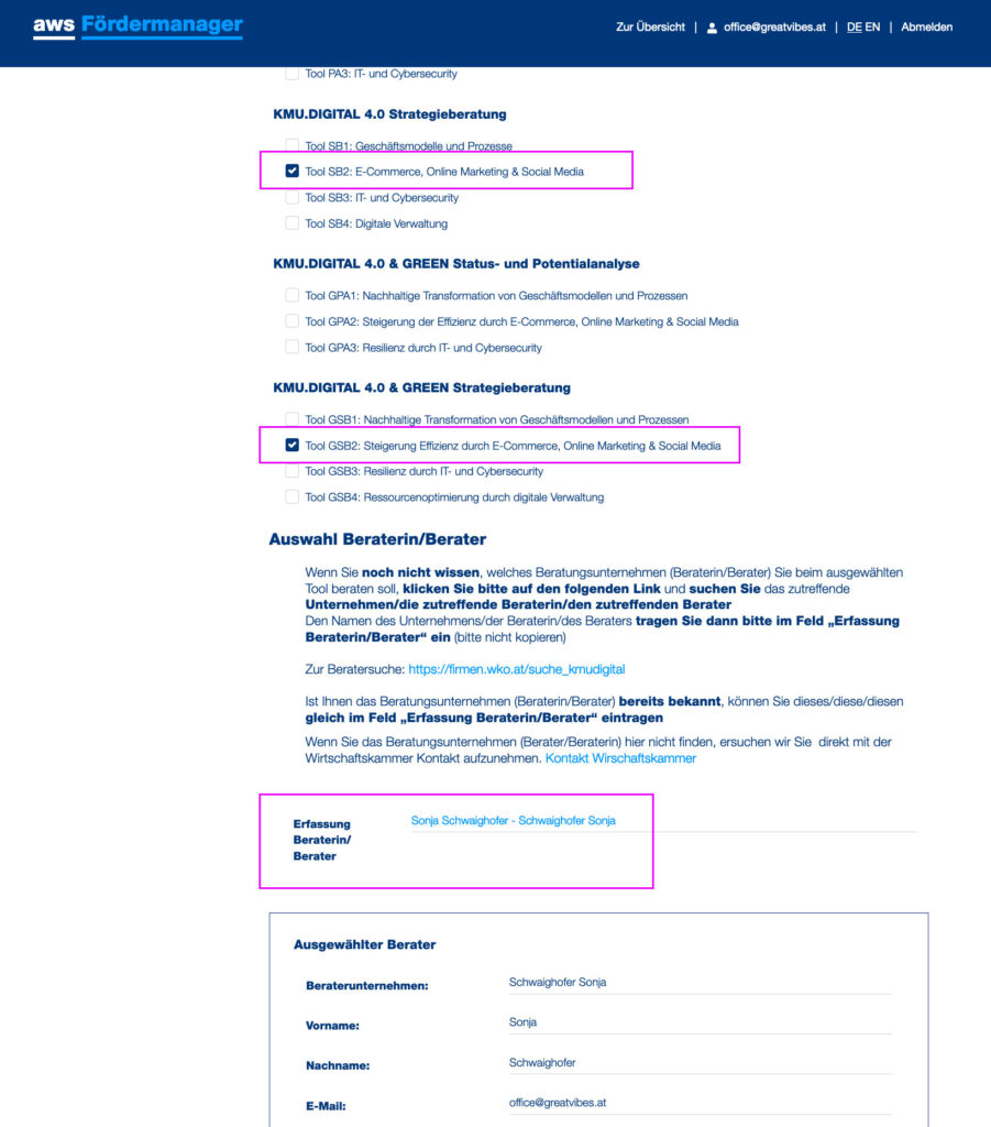 Screenshot KMU Digital aws Foerdermanager Portal zur Beantragung von Foerderungen