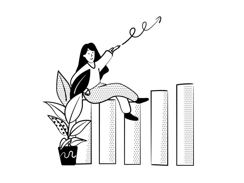 Strichillustration Frau mit Pflanzen und Balkendiagramm