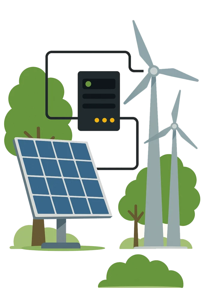 Illustration mit Solarpanelen, Windrädern und Ladestation