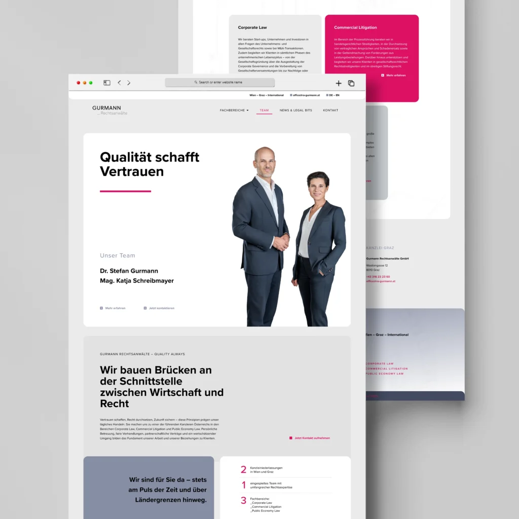 Mockup der Website von Dr. Stefan Gurmann mit Startseite, Kanzleifotos und Leistungsübersicht in modernem Design