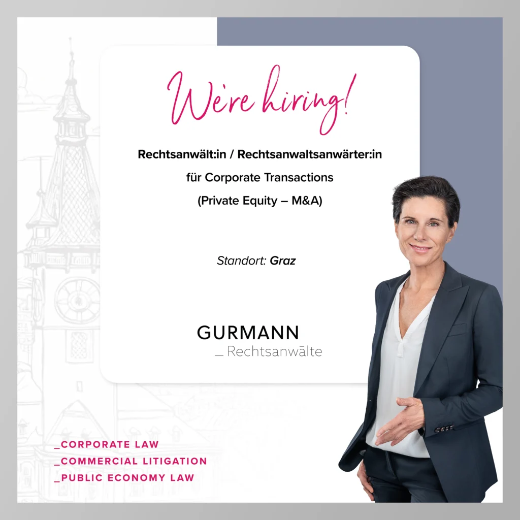Anwältin in Business-Outfit vor modernem Layout mit Schriftzug We are hiring! und Angaben zur Rechtsanwaltskanzlei Gurmann