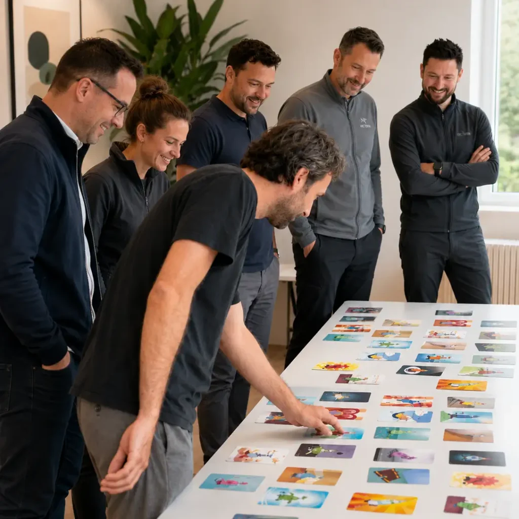 Mehrere Teammitglieder stehen gemeinsam an einem Tisch und besprechen Arbeitsmaterialien.