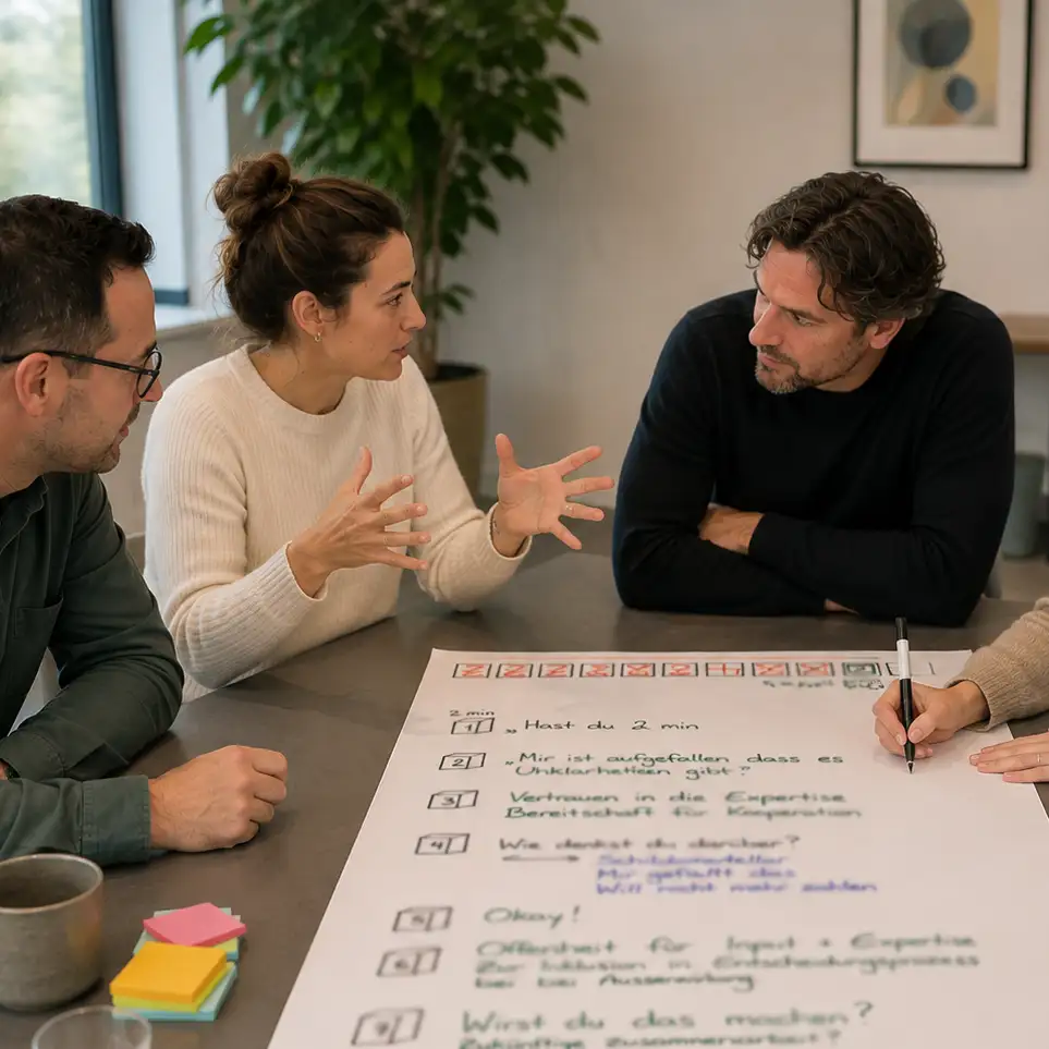Drei Personen im Gespräch während eines gemeinsamen Workshops am Tisch.
