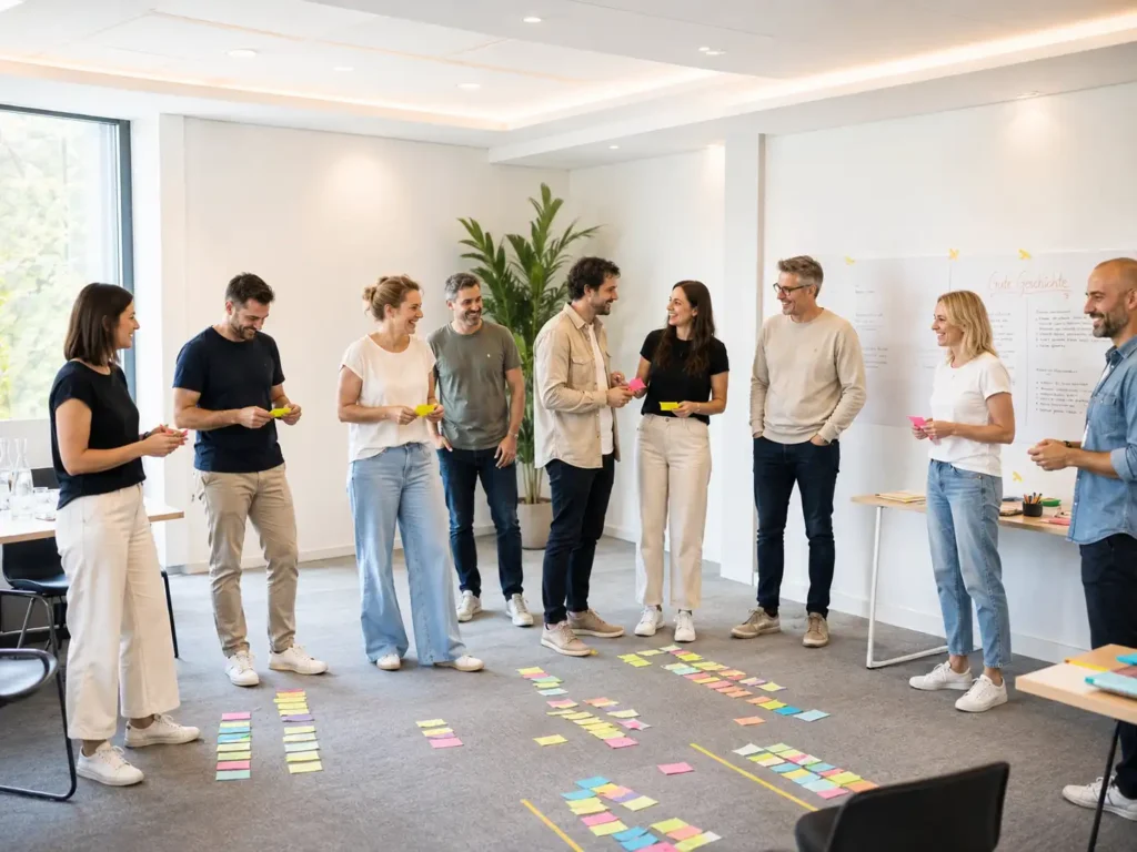 Eine Gruppe steht in einem hellen Raum zusammen und tauscht sich während eines Workshops aus.