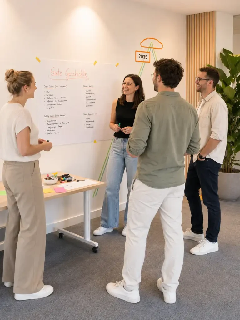 Eine Frau präsentiert vor einer Gruppe zwei Boards mit Notizen und farbigen Karten.