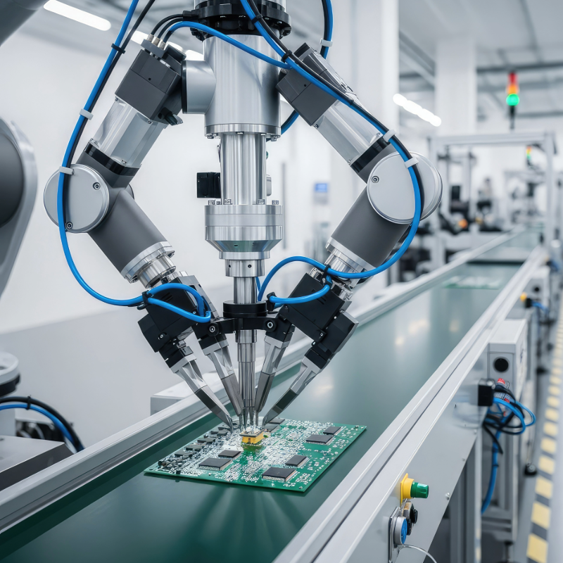 Roboterarm bestückt eine Leiterplatte auf einem Förderband