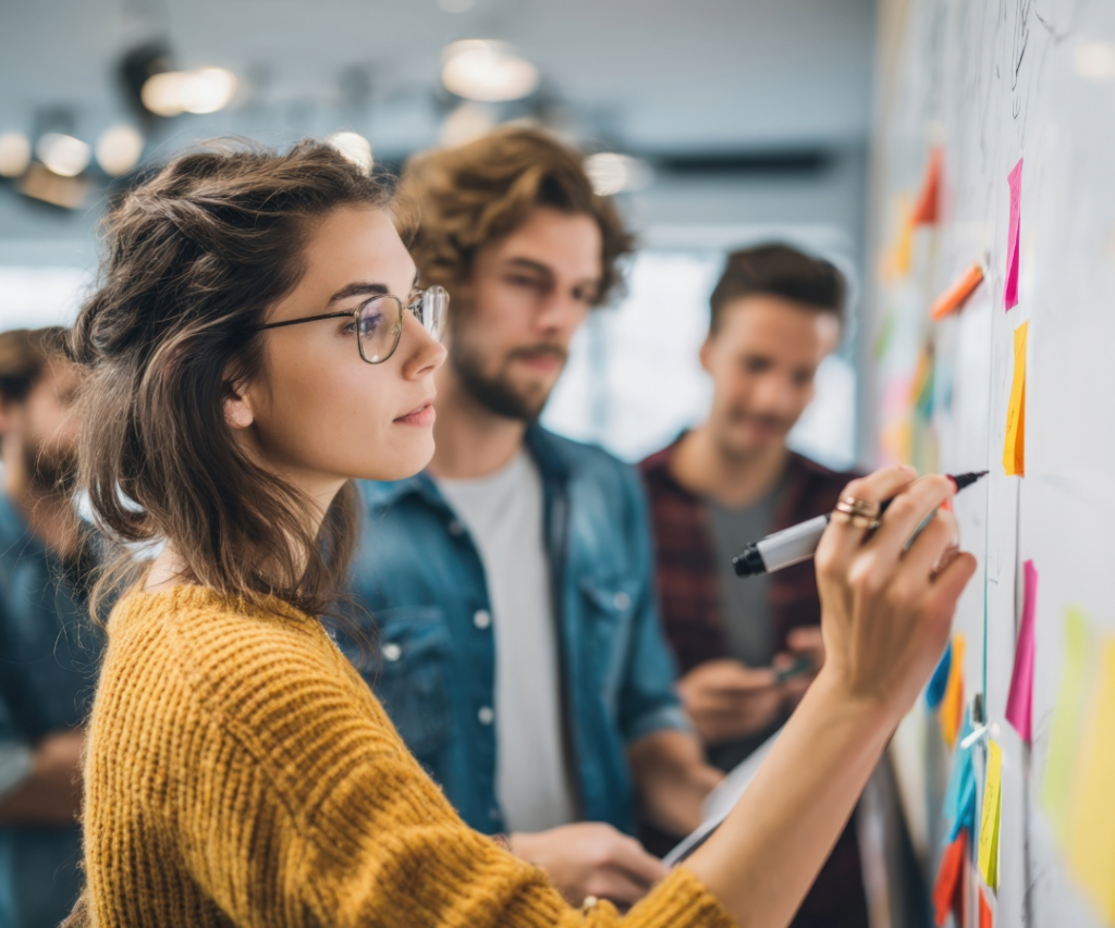 Team im Workshop: Eine Frau schreibt an eine Wand mit bunten Haftnotizen, zwei Kollegen sehen zu.